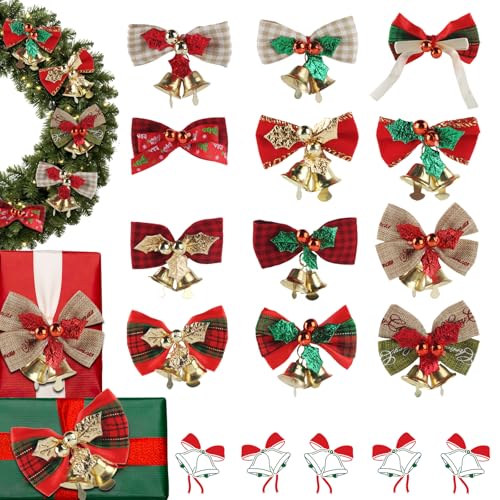 XIMEY Noeuds de Noël, 12 Pièces Mini Noeud Cadeau Noel avec Cloches, Arcs d'arbre de Noël,...