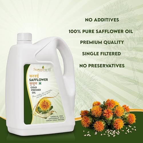Image of Sugan Earth safflower oil cold pressed 4.5 litre for cooking, 100% Pure, Natural | Wood Pressed Kardai Tel Kusum Oil | Rich in Omega-6 | Single Filtered | Heart-Healthy & Nutrient Rich | Chemical-Free & Unrefined | Suitable for Cooking & Skincare