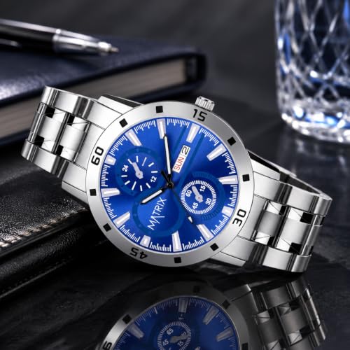 Image of Matrix Superior Analog Watch for Men | Black, Blue, Green & White Dial Stainless Steel Chain Strap Watch | Day & Date Display | Quartz Movement | Stylish Casual & Formal Wrist Watch for Boys & Men