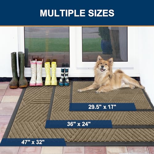 Image of Smiry Front Door Mat Outside Entrance, Heavy Duty Sturdy Natural Rubber Doormat, Trap Dirt and Moisture, Easy Clean Low Profile Mats for Indoor Outdoor Entry, Irregular Triangle (47x32, Camel)