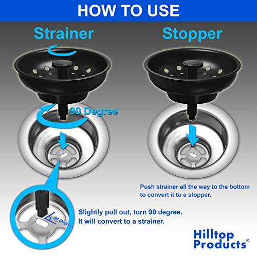 2 Pack - Black Kitchen Sink Strainer And Stopper Combo Basket Replacement For Standard 3-1/2 Inch Drain, Electroplated Coated Stainless Steel Basket With Plastic Knob, Rubber Stopper Bottom #TOP3