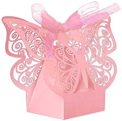 Lot de 50 boîtes à dragées avec papillons découpés au laser, pour mariages et anniversaires, boîtes à bonbons avec rubans (rose)