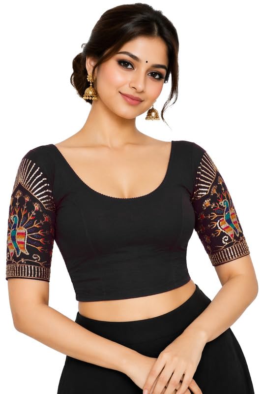 Stylish Readymade Blouse for Women Designer Saree Blouse Embroidery Stretchable Spandex Stitch Half Sleeve Fancy Festive Wedding Ethnic Collection-picture-13