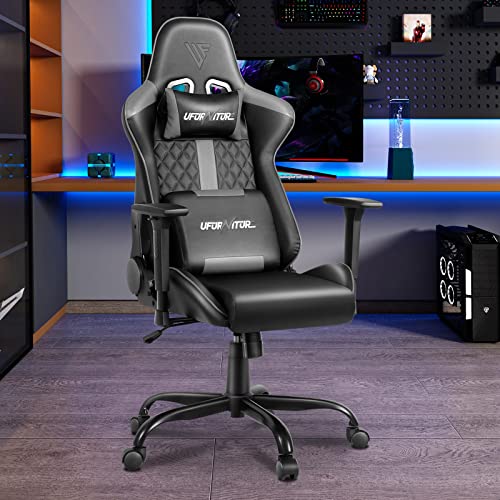 Ufurniture Gaming Chair 135° Recline Office Computer Chair Height Adjustable Racing Game Chair Ergonomic Support Headrest and Lumbar Pillow Black + Grey
