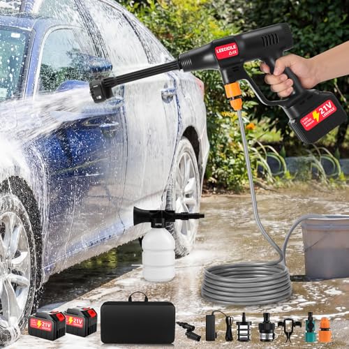 Battery Portable Pressure Washer, 1450PSI Powered Cordless Power Washer (21V 4000mAh Battery) with Brushless Motor, 6-in-1 Nozzle, 3 Power Levels, 23FT Drain Hose, for Car,Patio, Floor, Deck Cleaning