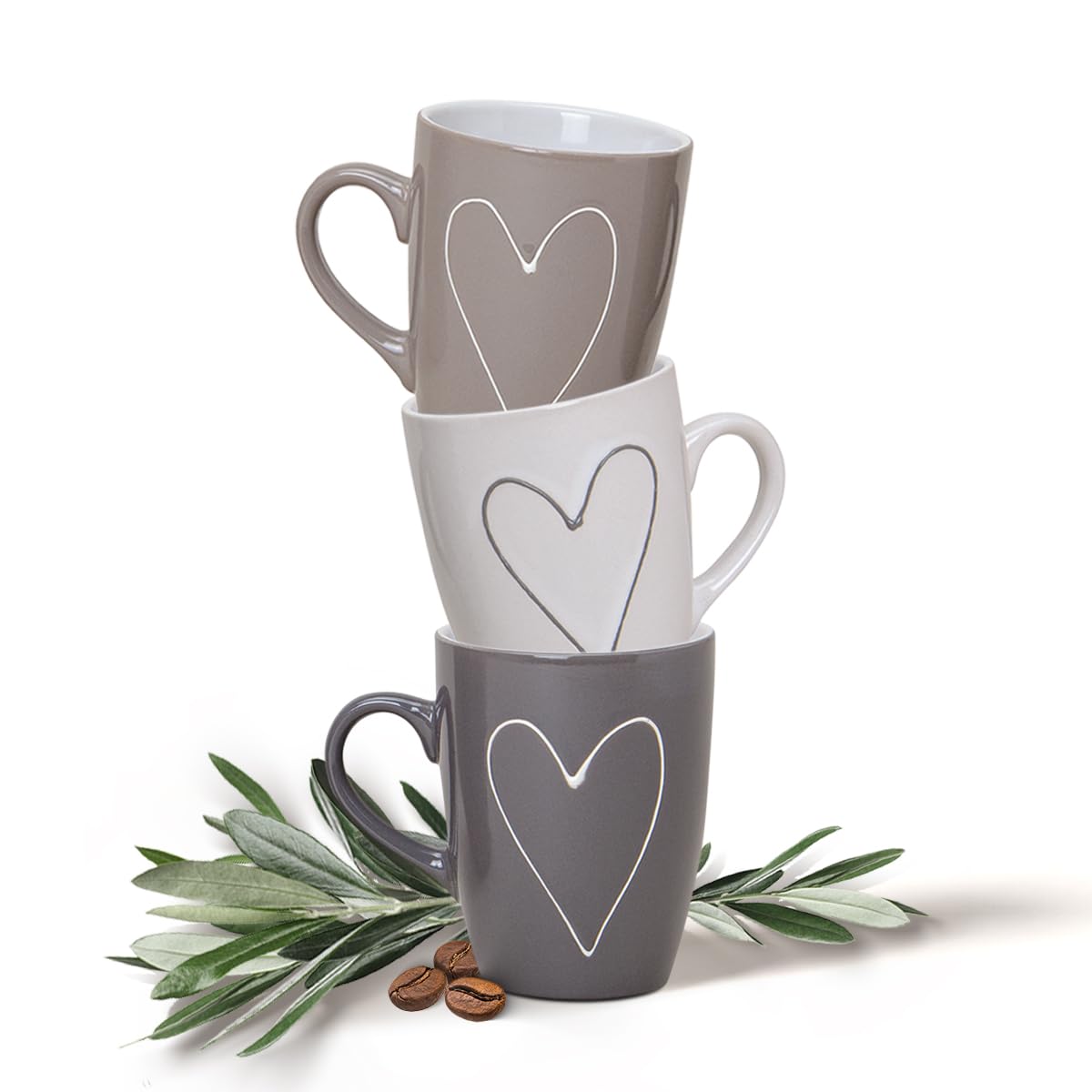 Tassen 36er Set Herz in weiß beige grau - Keramik Kaffeetassen in 250ml für Tee Kaffee Cappuccino - Moderne Kaffeebecher spülmaschinenfest und mikrowellengeeignet als Geschenk