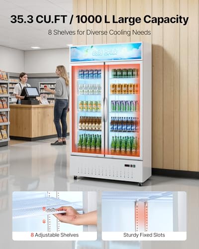 Image of VEVOR Commercial Merchandiser Refrigerator, 35.3 Cu.Ft / 1000L Upright Beverage Cooler, 2 Glass Door Display Refrigerator with Customizable Lightbox, 8 Adjustable Shelves, Soft LED Lighting & Casters