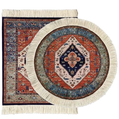 2Pcs Persian Style Carpet Mouse Pad Set â€“ Vintage Bohemian Rug Desk Pads, Non-Slip Computer Mouse Mats with Fringed Edges, Rectangular & Round Designs, Elegant Decor for Home & Office Accessories
