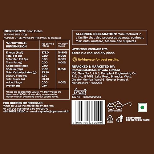 Image of Open Secret Fard Dates | 800gm | Healthy Snacks, Khajoor, Khajur, Dry Fruits, Dates with No Added Sugar Healthy Food & Nutritious (400gm x 2) (Pack of 3)