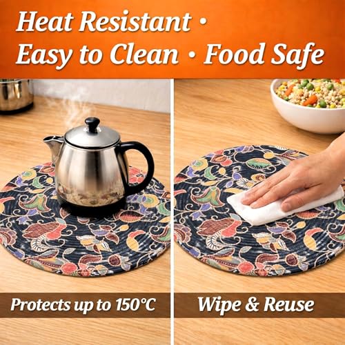 Image of Premium Round Cotton Dining Table Mats Set of 4 | Washable Heat Resistant Food Mat | Circular Dining Table Hot Plate Mats & Coaster for Hot Utensil (14-inch, Printed Floral /Blue)