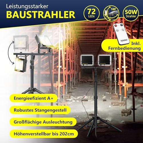 Bild 1 - MASKO® LED Baustrahler 8000 Lumen Doppel 2x50W mit Stativ & Fernbedienung Arbeitsleuchte 72LEDs Arbeitsscheinwerfer 360° Drehbar IP65 Bauscheinwerfer 5m Kabel Baustellenlampe höhenverstellbar 86-202cm