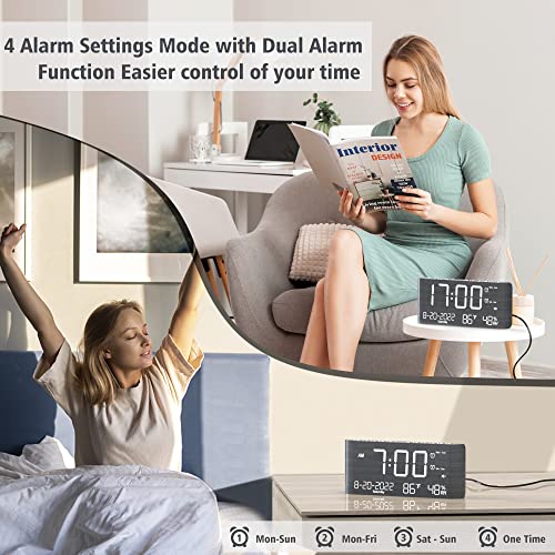 (Gray + Yellow) Digital Alarm Clock With Weekday/Weekend Mode, Dual Alarm,Adjustable Volume,Temperature & Humidity Monitor, Calendar,5 Levels Dimmer,12/24H,Wooden Loud Clock For Heavy Sleepe #TOP2