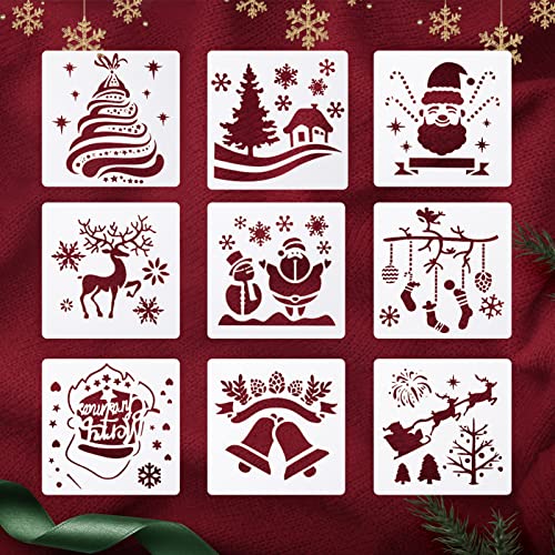9 Pièces Pochoirs de Noël,5inch*5inch Pochoir Noel Fenetre,Pochoir de Noël en Plastique,Pochoir Vitre Noel,Pochoirs Réutilisables pour Décoration de Noël Cover