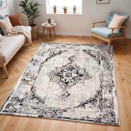 Livabliss Stowe Vintage groß - Orientalischer Wohnzimmer 150x213 cm, Esszimmer, Schlafzimmer - Boho Kurzflor e für einfache Pflege - Elfenbein und Schwarz