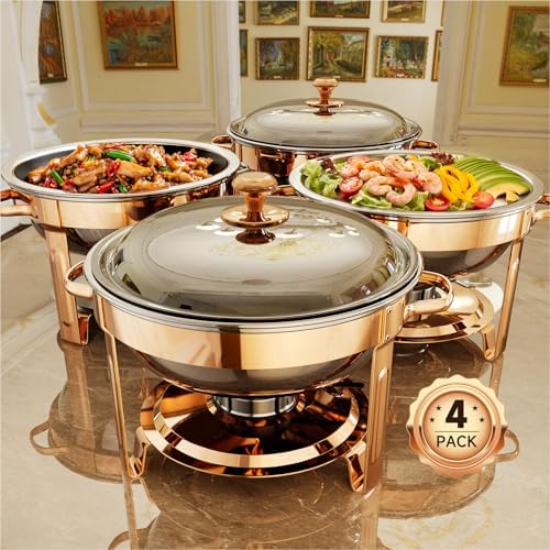 Chafing Dishes for Buffet, 4 Pack 5QT Round Stainless Steel Chafi...