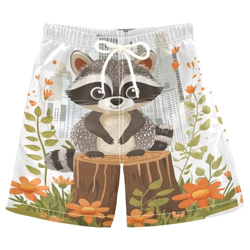 DOMIKING Raccoon Flowers White Boys' Pull On Swim Trunks Quick Dry Boardshorts with Mesh Lining for Swimming Hiking M