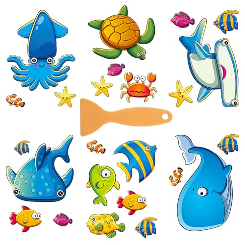 Smomend 24 PCS Pegatinas de Bañera Antideslizantes para Niños, Antideslizante Bañera, Calcomanías con Diseños de Peces Oceánicos, Fácil de Instalar y Limpiar, Seguridad y Diversión en el Baño