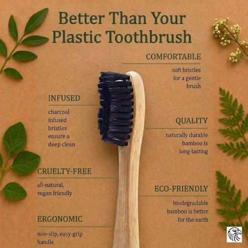 Image of KATS Organic Bamboo Toothbrush for Adults (Pack of 2), Charcoal Activated Soft Bristles, Identification Marks, Biodegradable, Anti-Bacterial, Eco-friendly, Natural, Manual