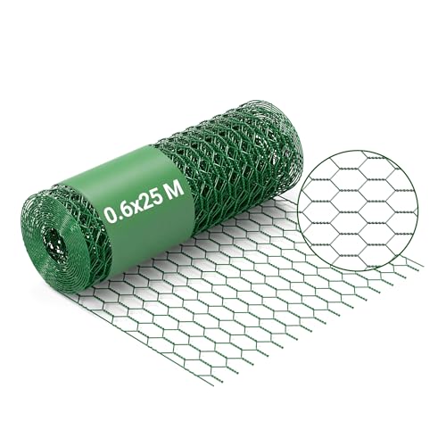 Wiltec Maschendrahtzaun Grün 60 cm x 25 m, 0,9 mm Stärke 25x25 mm Maschengröße, Volierendraht 6-Eck aus Stahl verzinkt, Drahtgitter, Vogeldraht