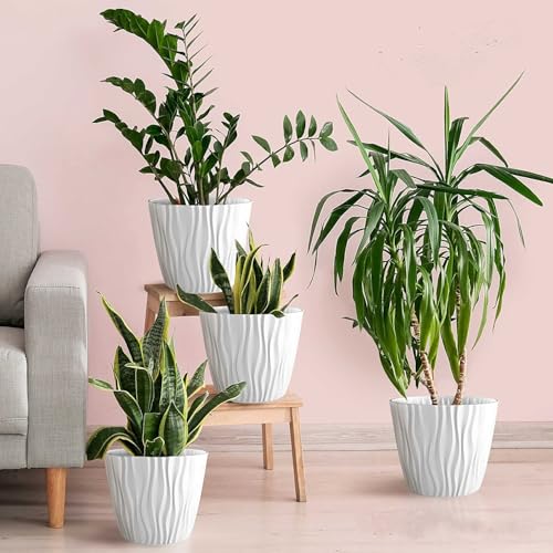 Image of StyleX Store Plastic Round Flower Pots with Drainage Hole Saucers | Durable Outdoor Indoor Wave Pattern Planters with Tray | Plant Containers for Balcony, Garden, Office, and Home (Set of 5, White)