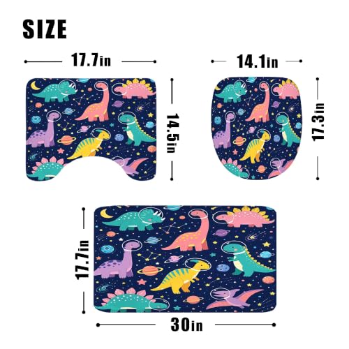 Image of 4PCS Kids Dinosaur 71Wx71H Inches Funny Cute Planet Colorful Outer Space Shower Curtain Sets with Rugs, Toilet Lid Cover and Bath Mat, Boys Bath Accessories Art Home Decor Fabric 12 Pack Hooks