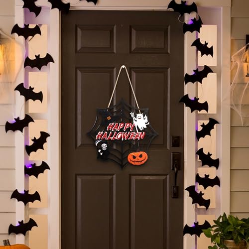 Image of Halloween Party decorations - Welcome Sign for Front Door,Rustic Round Wood Wreaths for Outdoor Outside,Spider Web Garland Porch Ghost Decor for Party Favors Supplies | Halloween Decor for Wall Indoor