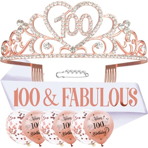 SKJIAYEE 100th Birthday Tiara and Sash Kit - 100 & FABULOUS White Sash and Rose Gold Rhinestone Crown for Women Party Supplies