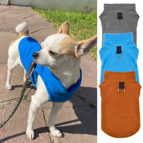 Set of 3 Dog Sweater with Leash Ring ​Fleece Pet Puppy Vest Winter Fall Clothes for Small Dog Boy Male Chihuahua Yorkies, (X-Small, Blue+Brown+Grey)