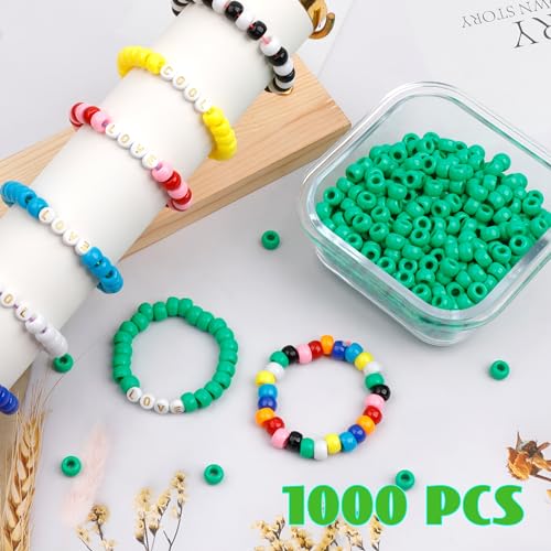 Image of 1000Pcs Pony Beads Bracelet 9mm Green Plastic Barrel Pony Beads for Necklace,Hair Beads for Braids,Key Chain,Jewelry Making (Green)
