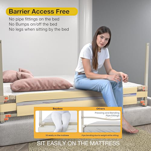 Image of BAYBEE Stainless Steel Baby Bed Rail Guard (150x80cm), Bedrail for Baby Safety with 28 Height Adjustable, Portable Bed Side Protector for Babies Falling | Foldable Single Bed Railing, 1 Side, (Beige)