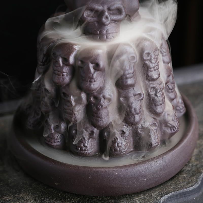 Quemador de Incienso Quemador de incienso de reflujo de arena púrpura creativo, quemador de aromaterapia de madera de sándalo con Calavera, decoración Interior del hogar Quemador de Incienso en Cascad
