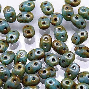 Czech SuperDuo Two-Hole Seed Crystal Beads 5.5x2.5mm Turquoise Blue Travertin Dark 22gram