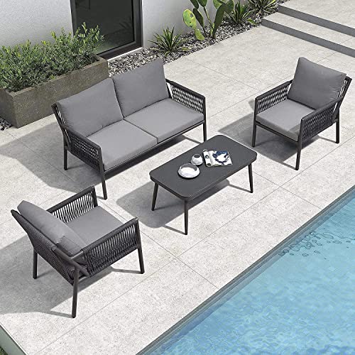 Image of DEVOKO Outdoor Living Space 4 Seater Conversation Sofa Set Ideal for Patio, Garden and Indoor Use Stylish Rope Furniture with Comfortable Cushions and Center Table (Black & Grey)