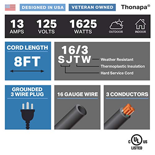 Thonapa 8 Ft Outdoor Extension Cord - 16/3 Sjtw Weatherproof Black Extension Cord With 3 Prong For Indoor & Outdoor, Great For Home, Office, Landscaping, Lawn Mower #TOP1