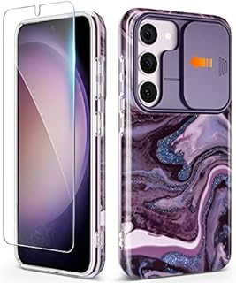 GVIEWIN Designed for Samsung Galaxy S23 Case with Slide Camera Cover with Screen Protector, [10FT Military Shockproof] Marble Anti-Scratch Shockproof Protective Case 5G 6.1" 2023,Quicksand/Purple