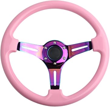 Classic Pink Racing Steering Wheel Neo Chrome Spoke 350mm 13.5" Deep Dish ABS Hard Wood Steering Wheel with Horn Button