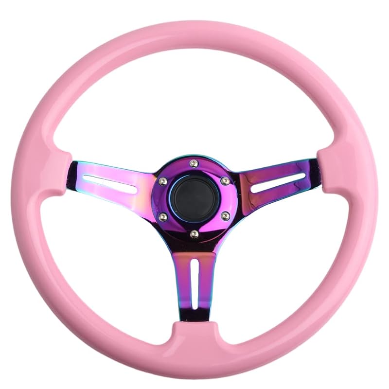 Volante esportivo para carro 350 mm com pegada ABS rosa, 3 raios, cubo profundo e botão de buzina YEHICY YE-01