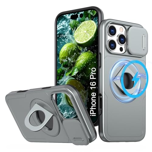 Image of LuxuryKase MagSafe Shockproof Rugged Back Case for iPhone 16 Pro | Finger Ring Kickstand & Sliding Camera Cover | Military Drop Protection | Wireless Charging Support - Grey