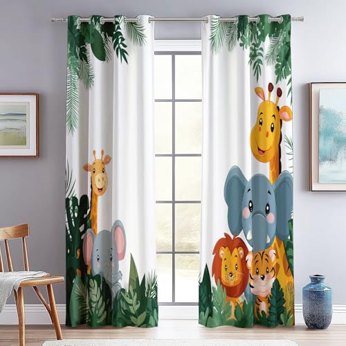 Cortina Opaca térmica Verde, Cortina Opaca Animales de Dibujos Animados Selva Estampada, Ojales aislantes para Dormitorio Infantil y Sala de Estar 75 An x 166 Al cm (2 Paneles)