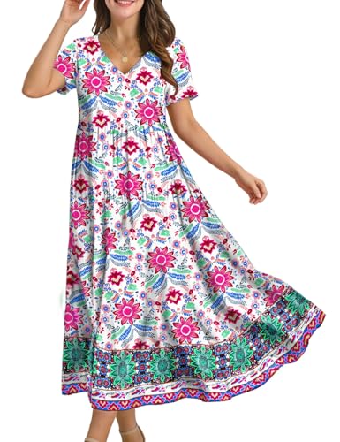 Image of YESNO Women's Summer Maxi Dresses Casual Floral Short Sleeve V Neck Boho Beach Vacation Swing Dress with Pockets EVF
