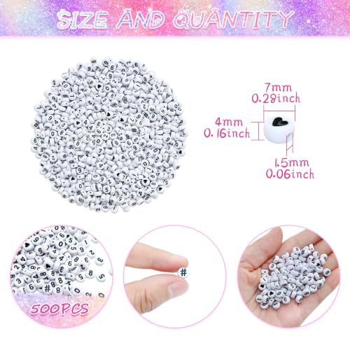 Image of Amaney 500pcs Number Beads 7x4mm 0-9 Heart # White Acrylic Plastic Round Shape Loose Beads