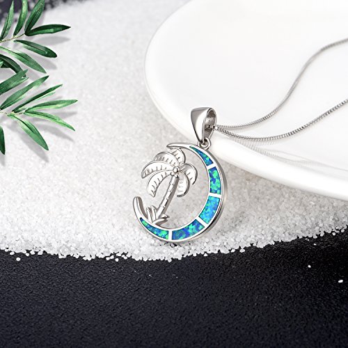 Soulmeet Palm Tree Blue Simulated Opal Moon Necklace, Sterling Silver Palm Tree Jewelry For Her, Summer Beach Style October Birthstone Christmas Gift Idea #TOP4