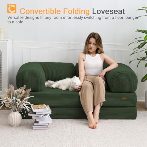 COMAX Futon Sofa Bed, 4-in-1 Floor Foldable Sofa Couch Bed Queen with L-Shaped Armrests, Convertible Folding Chair Bed Sleeper Mattress Fold Out Comfy Lounge for Living Room Bedroom, Green