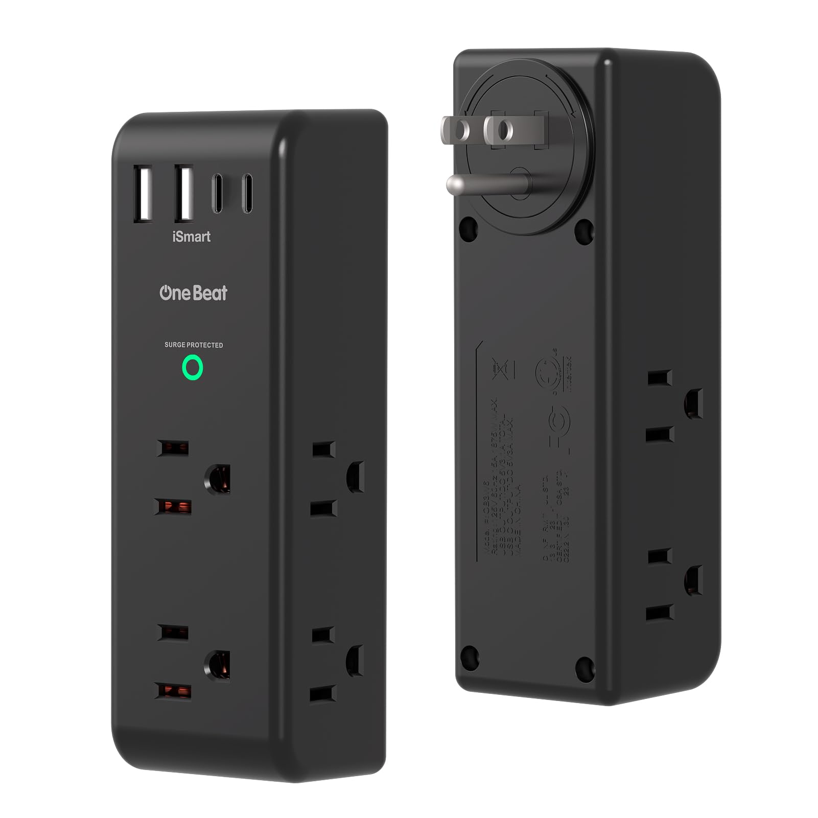 Surge Protector Outlet Extender with Rotating Plug, 6 AC Multi Plug Outlet with 4 USB Ports (2 USB C), 3-Sided 1800 J Swivel Power Strip with Spaced Outlet Splitter for Home Dorm, Black, 2 Pack