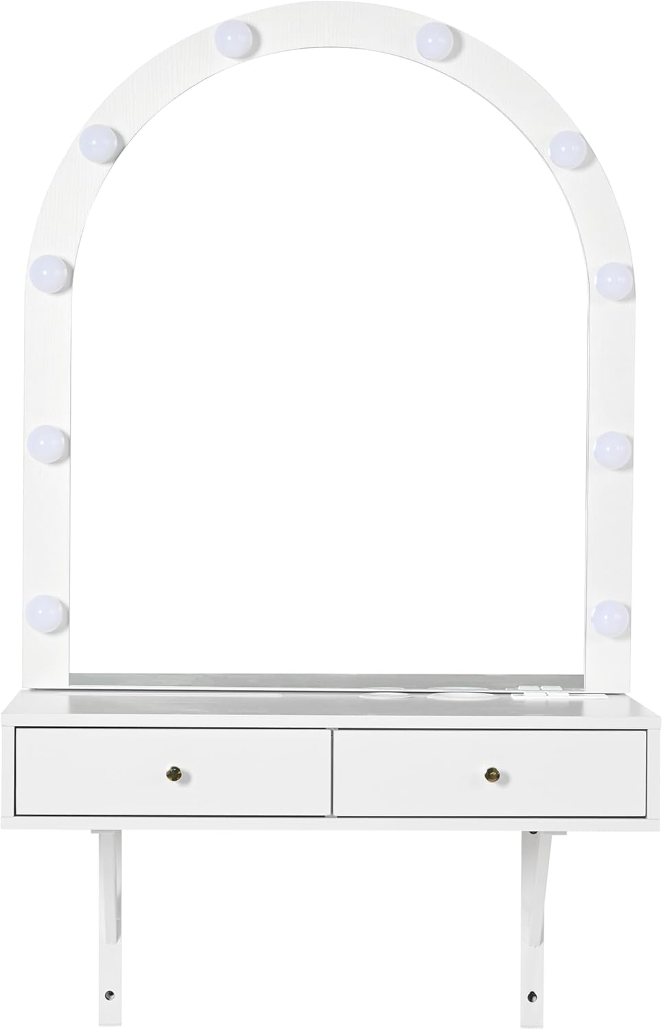 Merax Floating Makeup Vanity Desk with Mirror and 3-Color Lights, 31" Wall-Mounted Vanity Shelf with 2 Drawers and Power Outlet for Bedroom Hairdressers, Bear 66LBS (White)