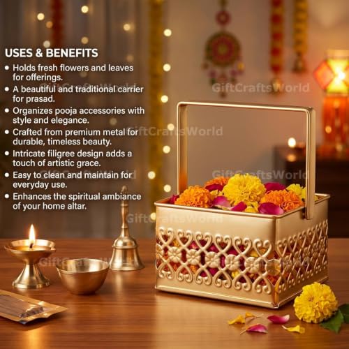 Image of Multipurpose Metal Basket For Gift Hamper, Pooja Temple Storage With Sturdy Handle, Decorative Flower Organizer & Versatile Puja Utility Accessories Home Decoration (Square Small 10cm)