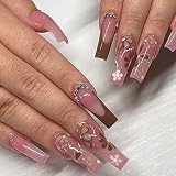 Luvadeyo 24 Unidades de Prensa de Flores en uñas largas cuadradas de Hojas Falsas uñas francesas para decoración de uñas de Coffin uñas exquisitas Flores Blancas Marrones diseño de Diamantes
