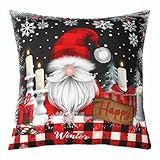 Homewish Funda de almohada de Navidad de 20 x 20 pulgadas, diseño de gnomo a cuadros para niños, niñas, adolescentes, dibujos animados, Papá Noel, funda de cojín decorativa de Año Nuevo