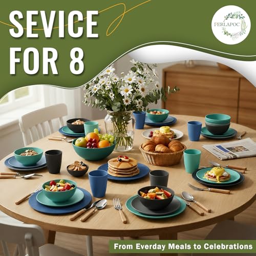 Image of 40 PCS Wheat Straw Plates and Bowls Sets,Dishware Set for 8,Unbreakable Kitchen Plates and Bowls Set for Travel Party Dishwasher & Microwave Safe Lightweight Plastic Dishes Set - Calm Tones