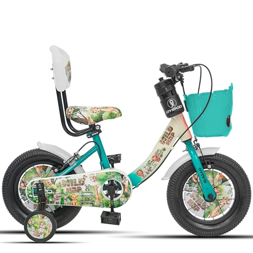 Image of WildHop 12T Kids Bicycle with Training Wheels, Backrest Seat, Basket & Safety Features for Toddlers (Cream Green, 12T)